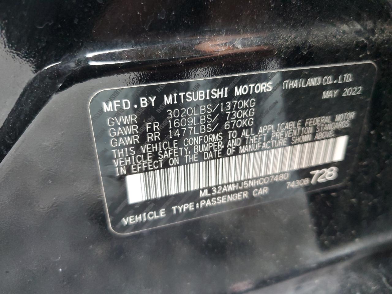 2022 Mitsubishi Mirage Se VIN: ML32AWHJ5NH007480 Lot: 73930334