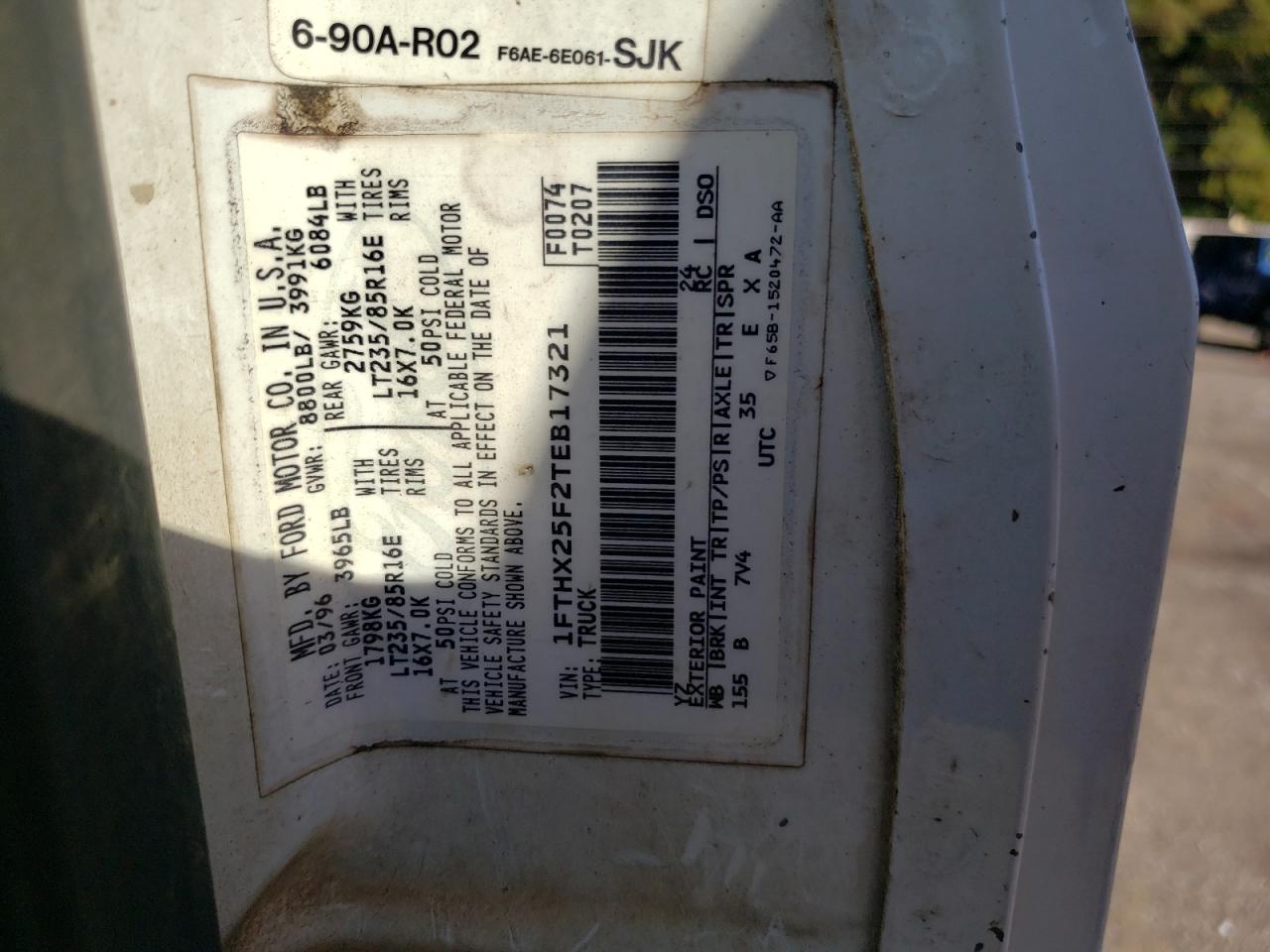 1996 Ford F250 VIN: 1FTHX25F2TEB17321 Lot: 85240104