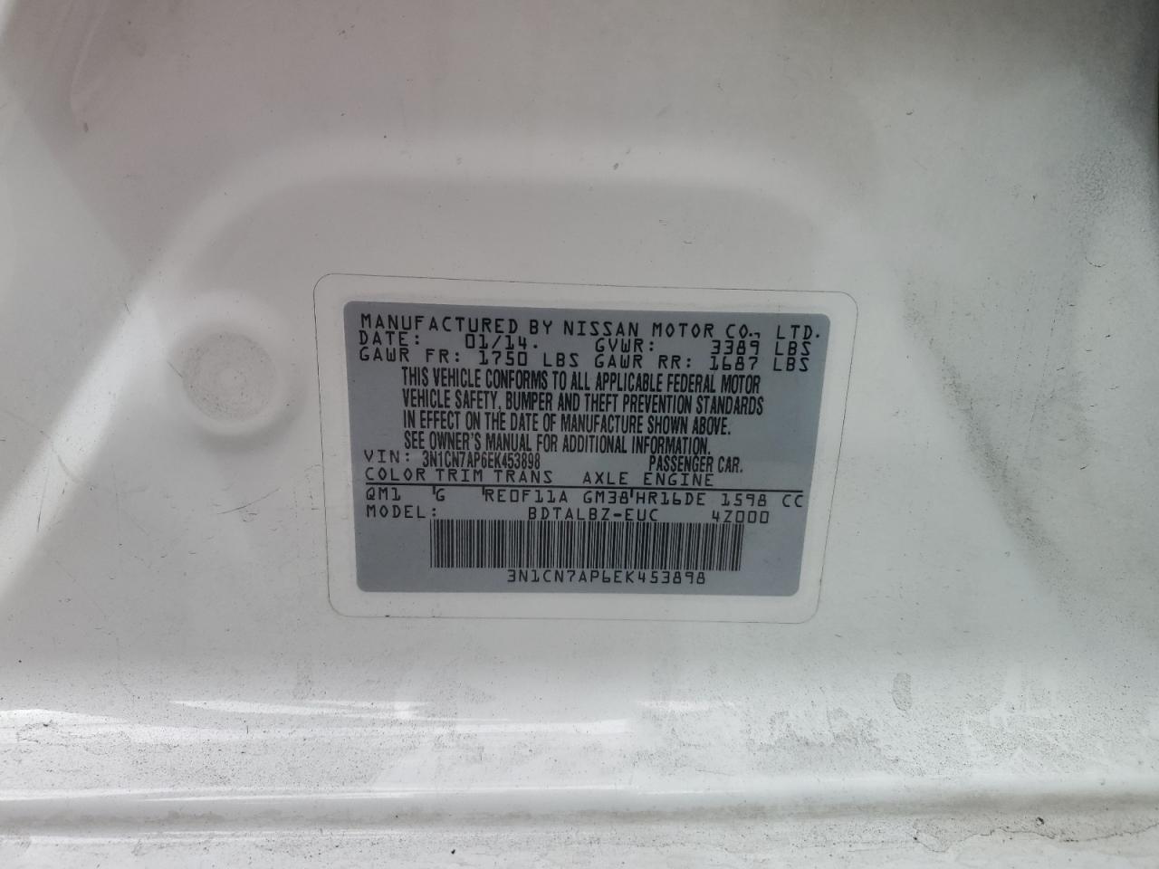 3N1CN7AP6EK453898 2014 Nissan Versa S