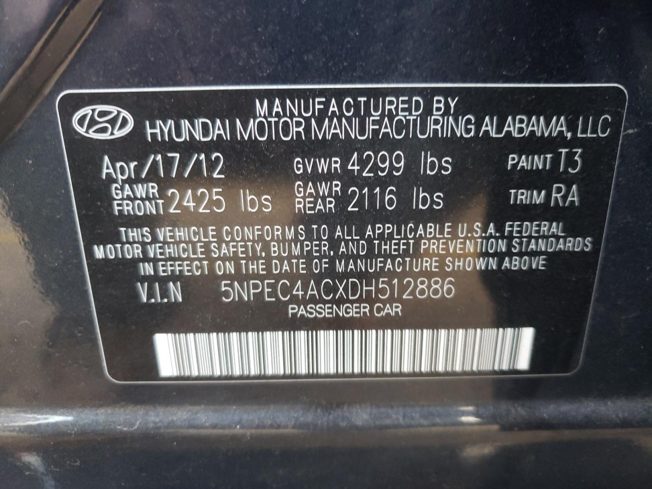 5NPEC4ACXDH512886 2013 Hyundai Sonata Se