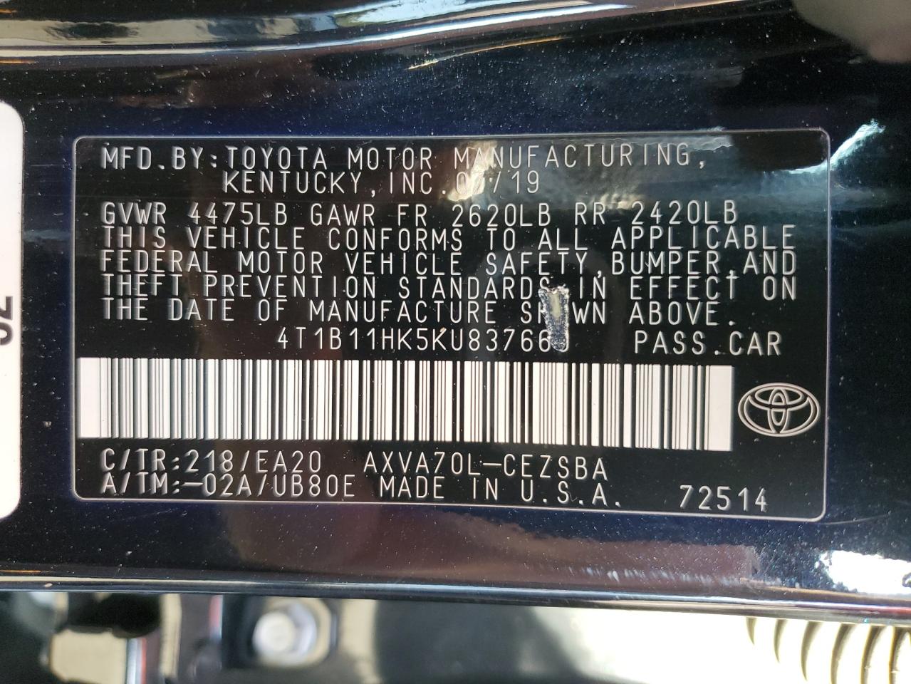 4T1B11HK5KU837660 2019 Toyota Camry L