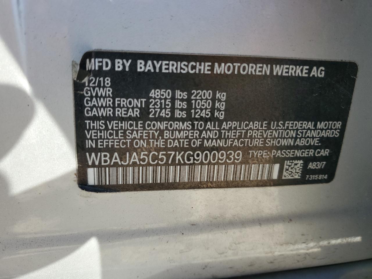 WBAJA5C57KG900939 2019 BMW 530 I