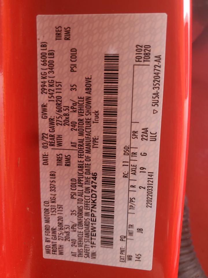 2022 Ford F150 Supercrew VIN: 1FTEW1EP7NKD74746 Lot: 74464064