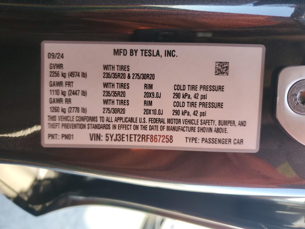 VIN 5YJ3E1ET2RF867258 2024 TESLA MODEL 3 no.12