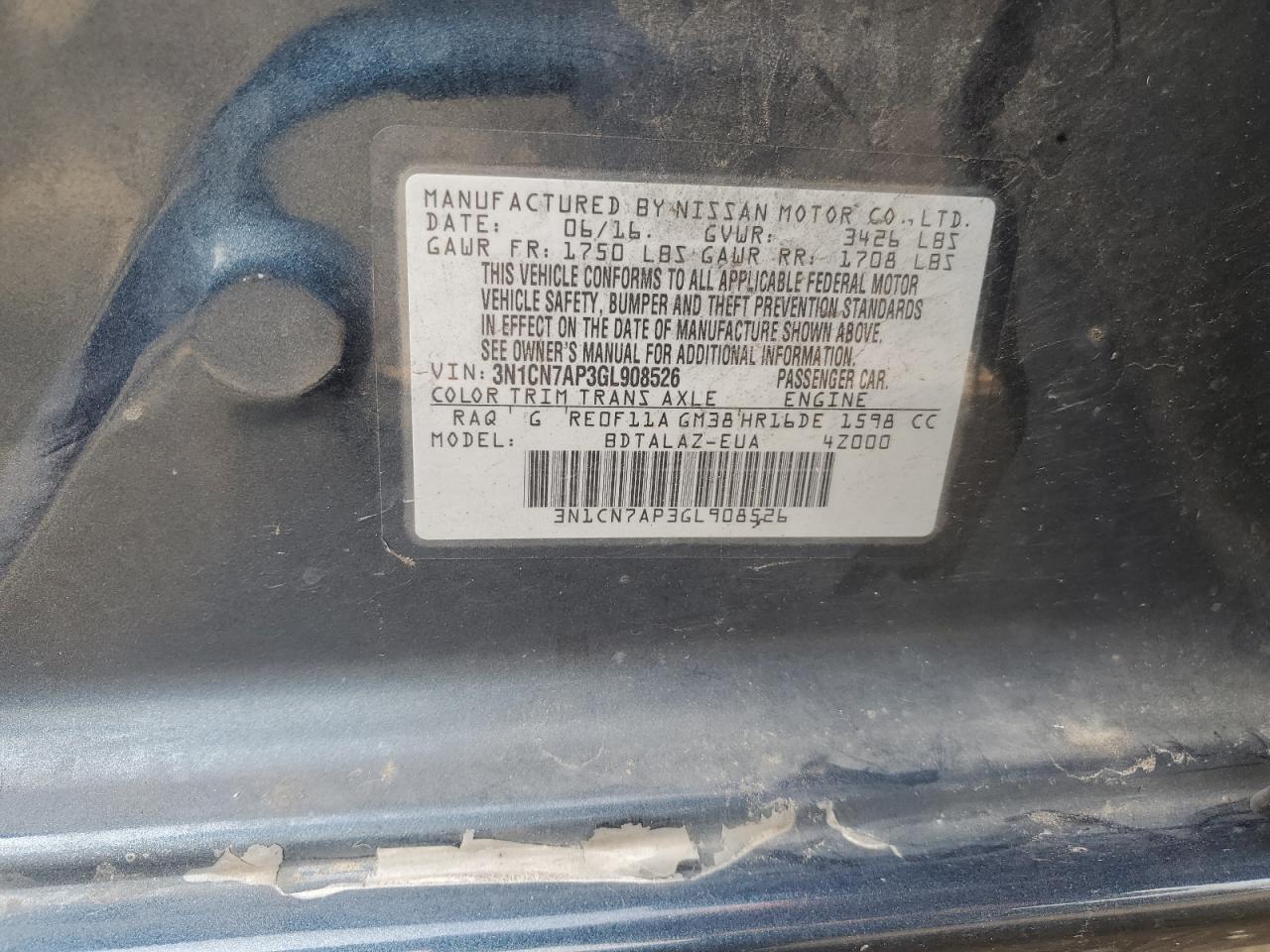 3N1CN7AP3GL908526 2016 Nissan Versa S