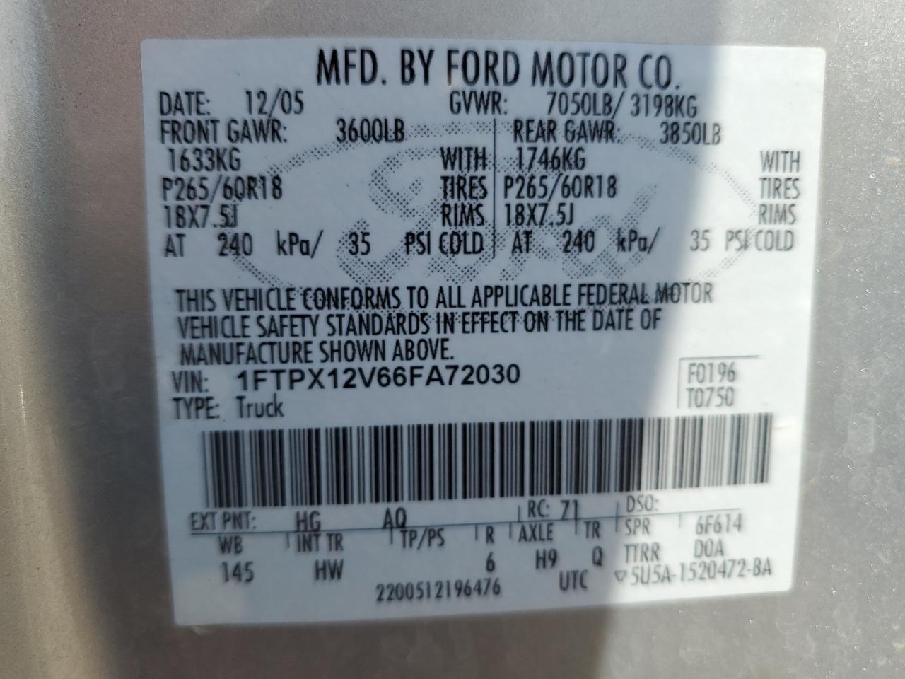 1FTPX12V66FA72030 2006 Ford F150