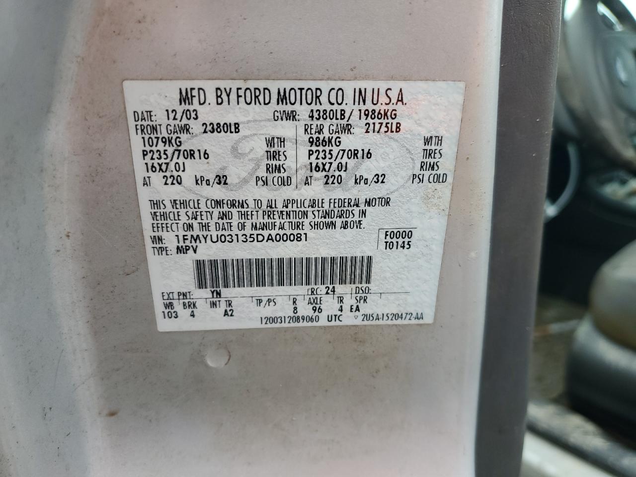 2005 Ford Escape Xlt VIN: 1FMYU03135DA00081 Lot: 74485414