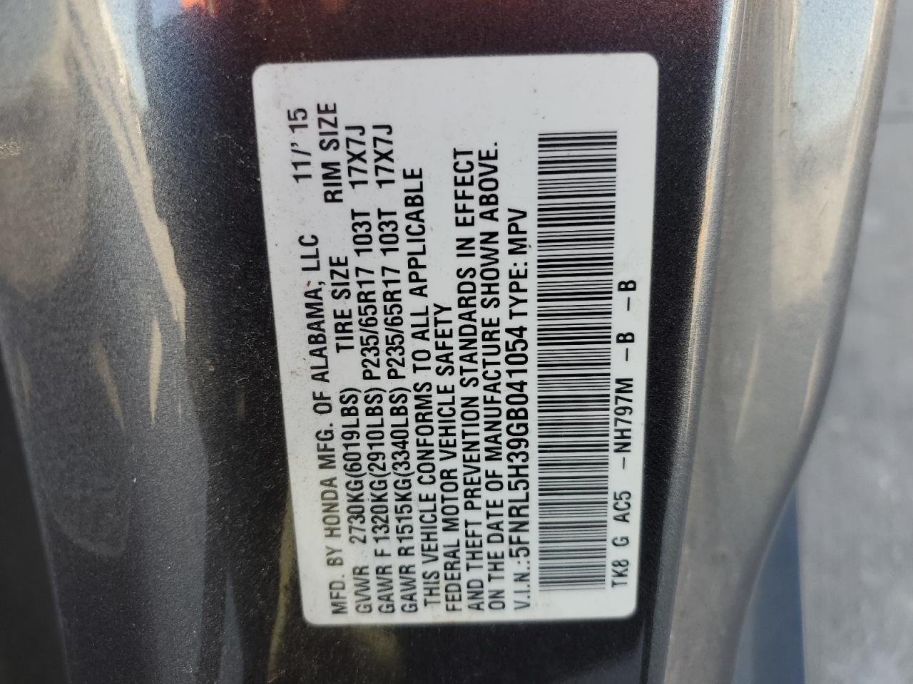 5FNRL5H39GB041054 2016 Honda Odyssey Se