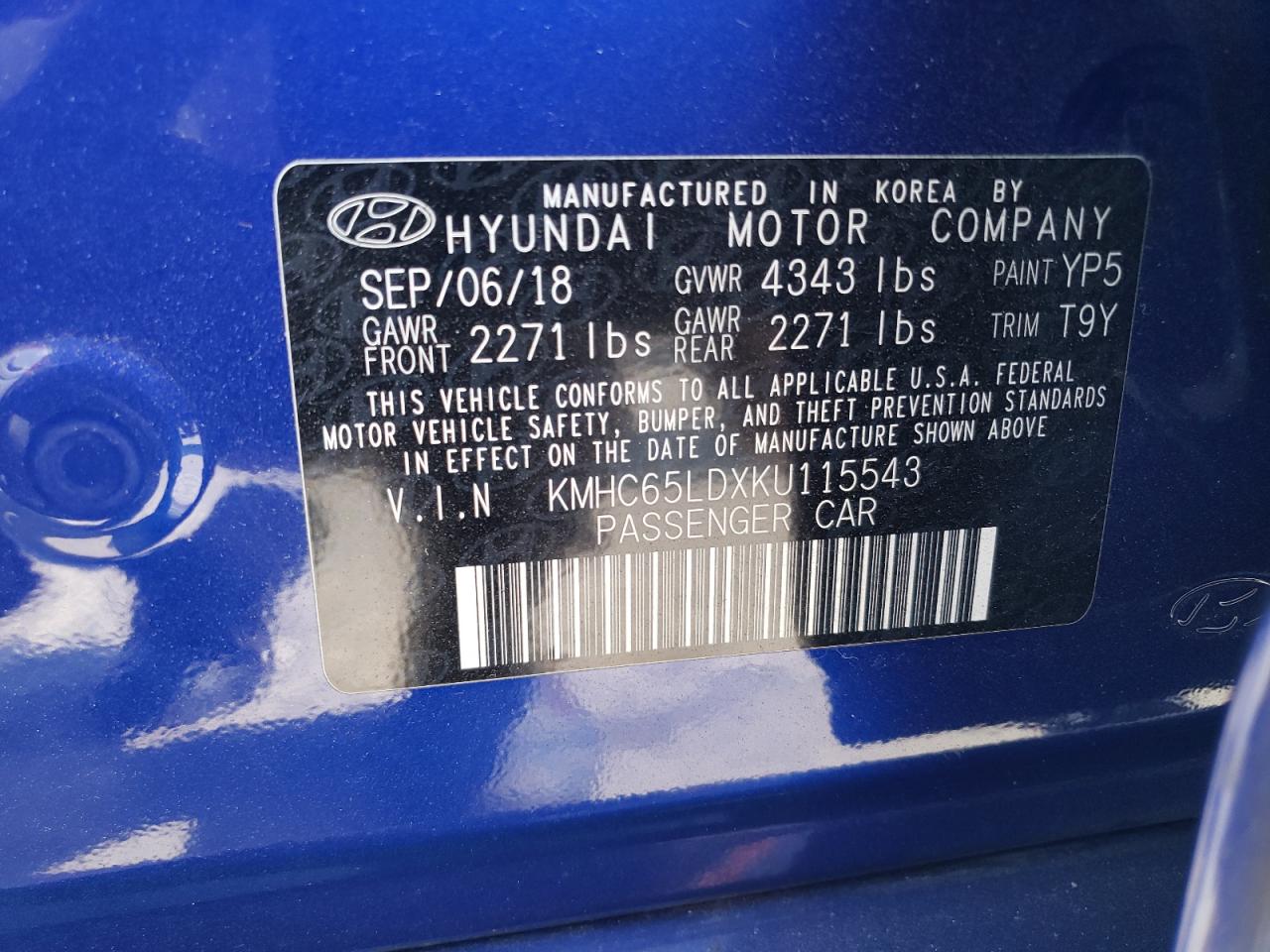 KMHC65LDXKU115543 2019 Hyundai Ioniq