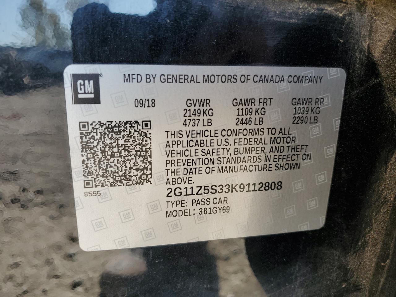 2G11Z5S33K9112808 2019 Chevrolet Impala Lt