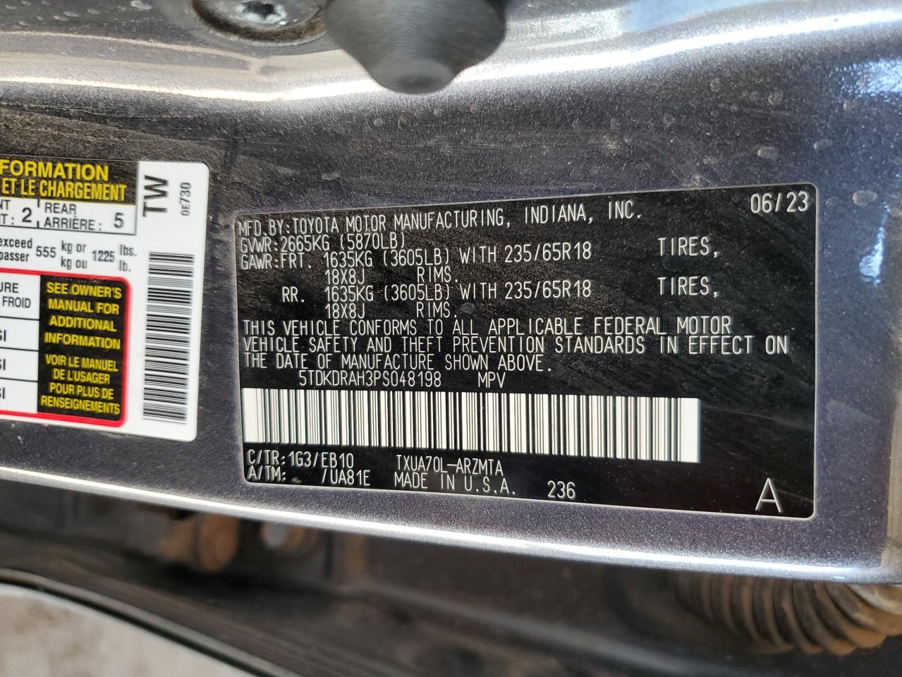 5TDKDRAH3PS048198 2023 Toyota Highlander L