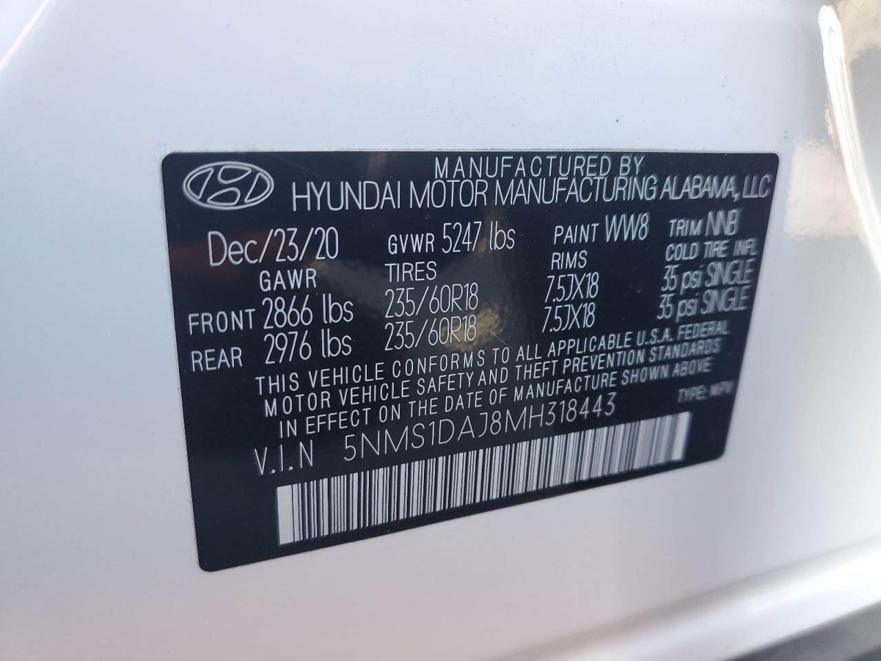 5NMS1DAJ8MH318443 2021 Hyundai Santa Fe Se