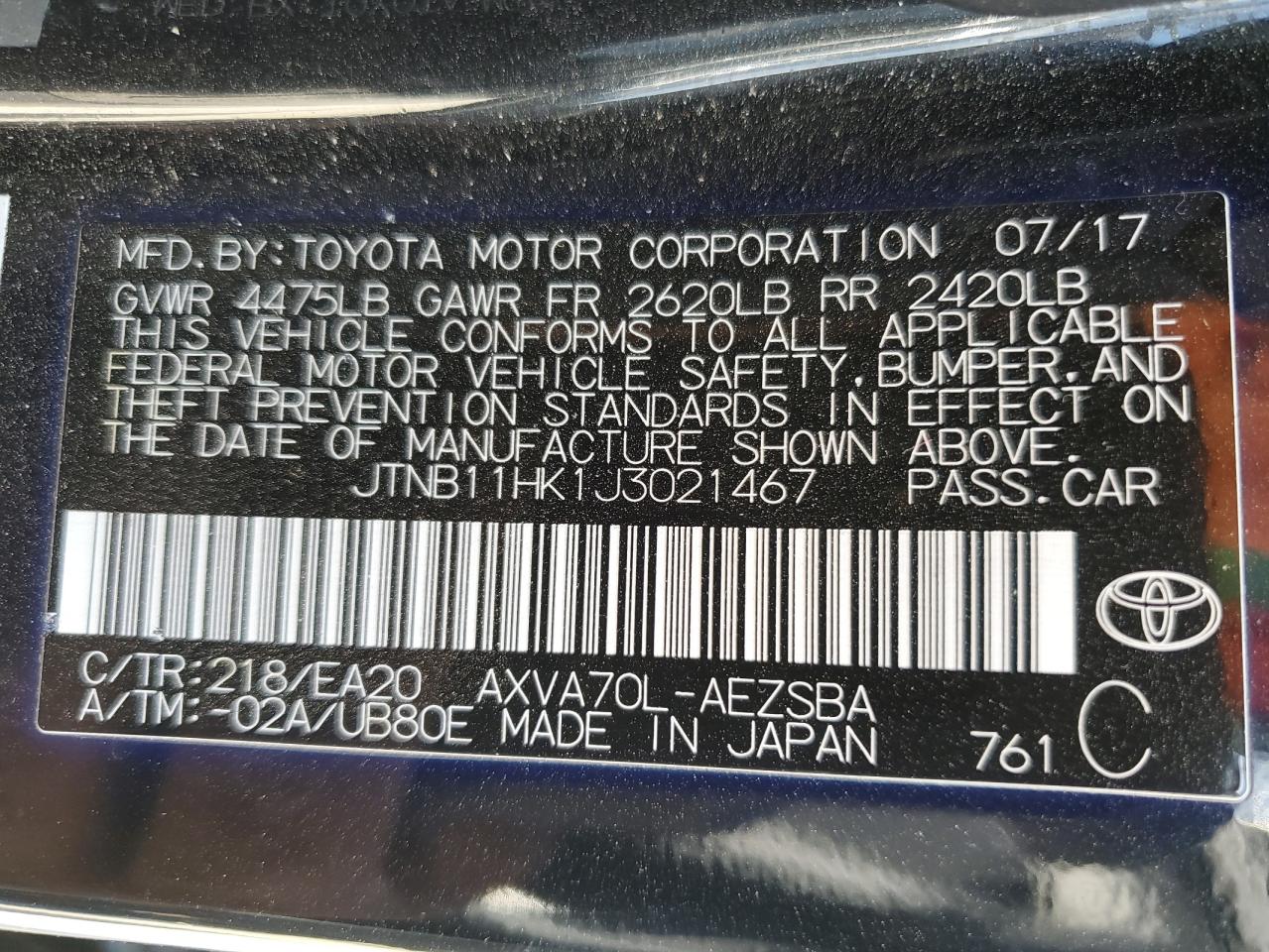 JTNB11HK1J3021467 2018 Toyota Camry L