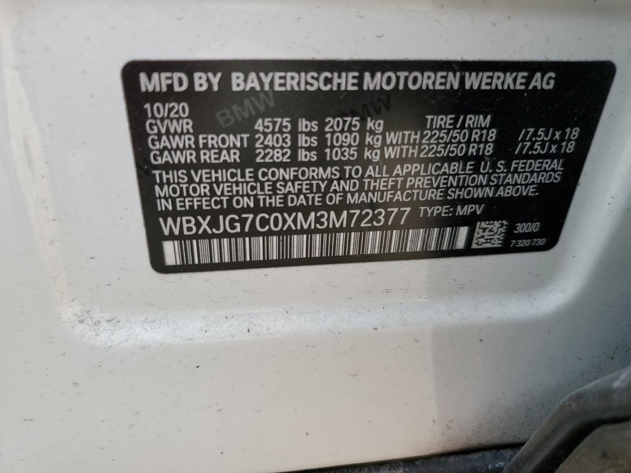 WBXJG7C0XM3M72377 2021 BMW X1 Sdrive28I