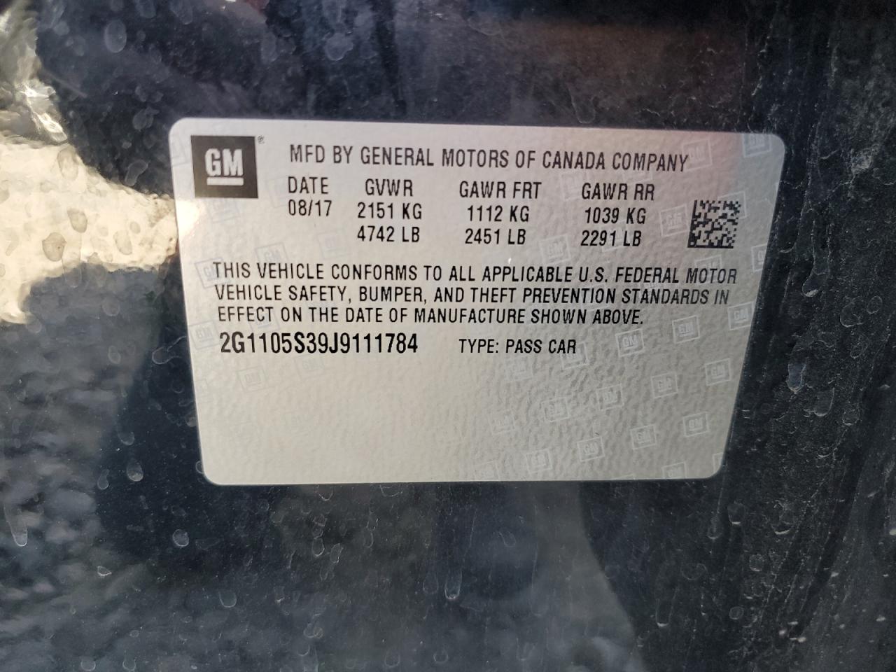 2G1105S39J9111784 2018 Chevrolet Impala Lt