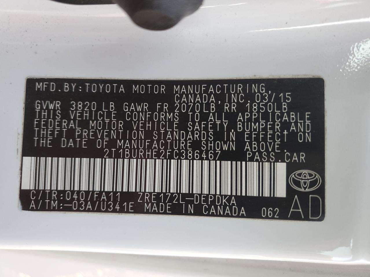 2T1BURHE2FC386467 2015 Toyota Corolla L