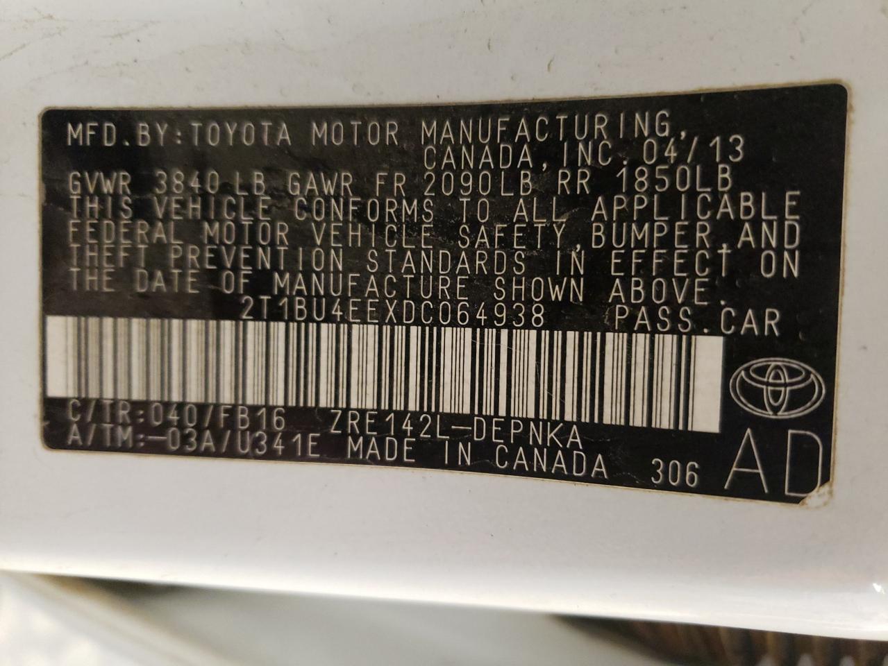 2T1BU4EEXDC064938 2013 Toyota Corolla Base