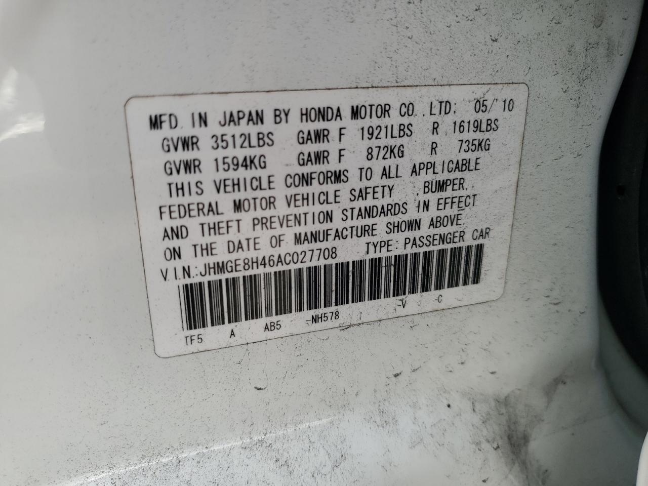 2010 Honda Fit Sport VIN: JHMGE8H46AC027708 Lot: 75321204