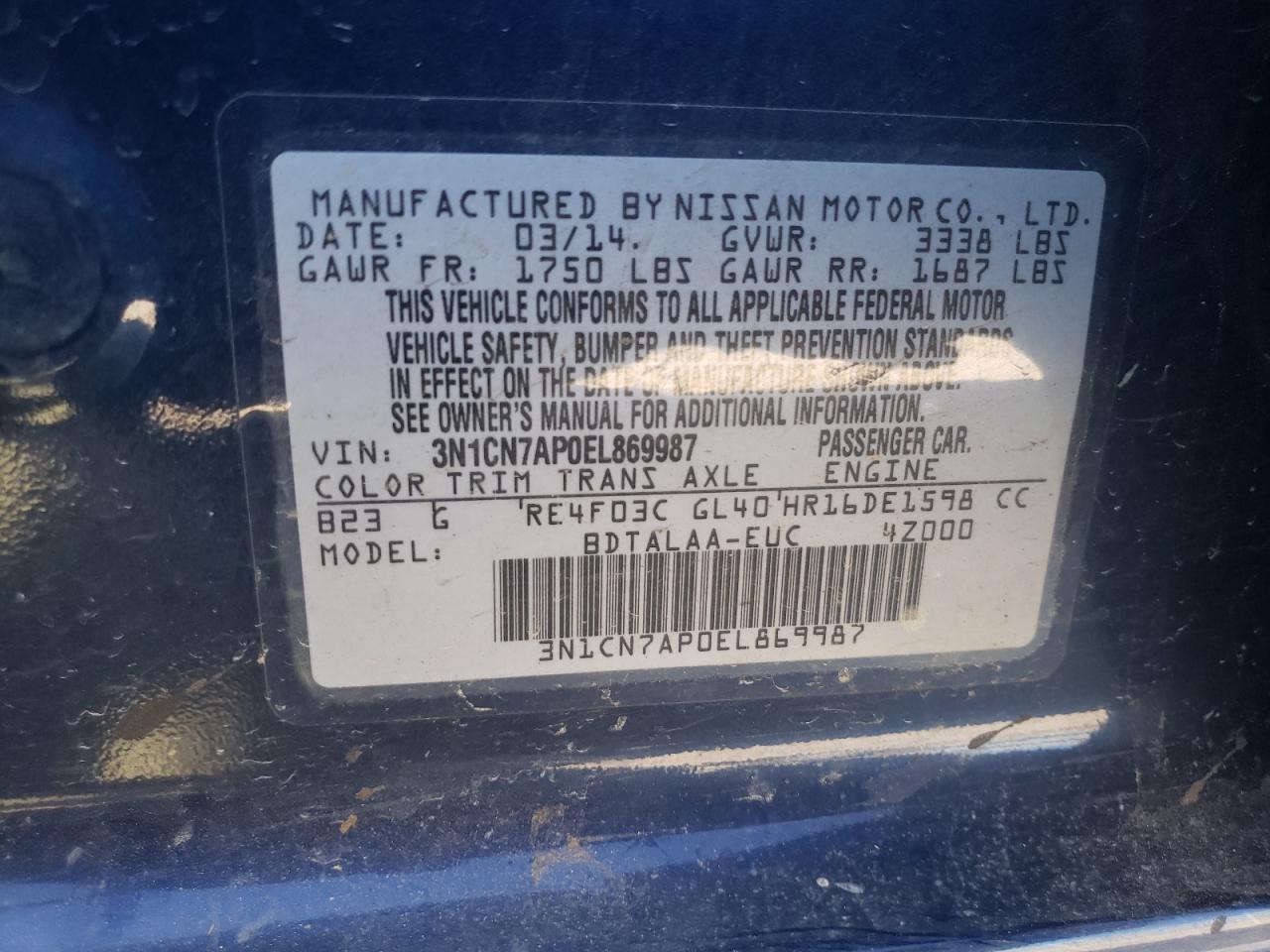 3N1CN7AP0EL869987 2014 Nissan Versa S