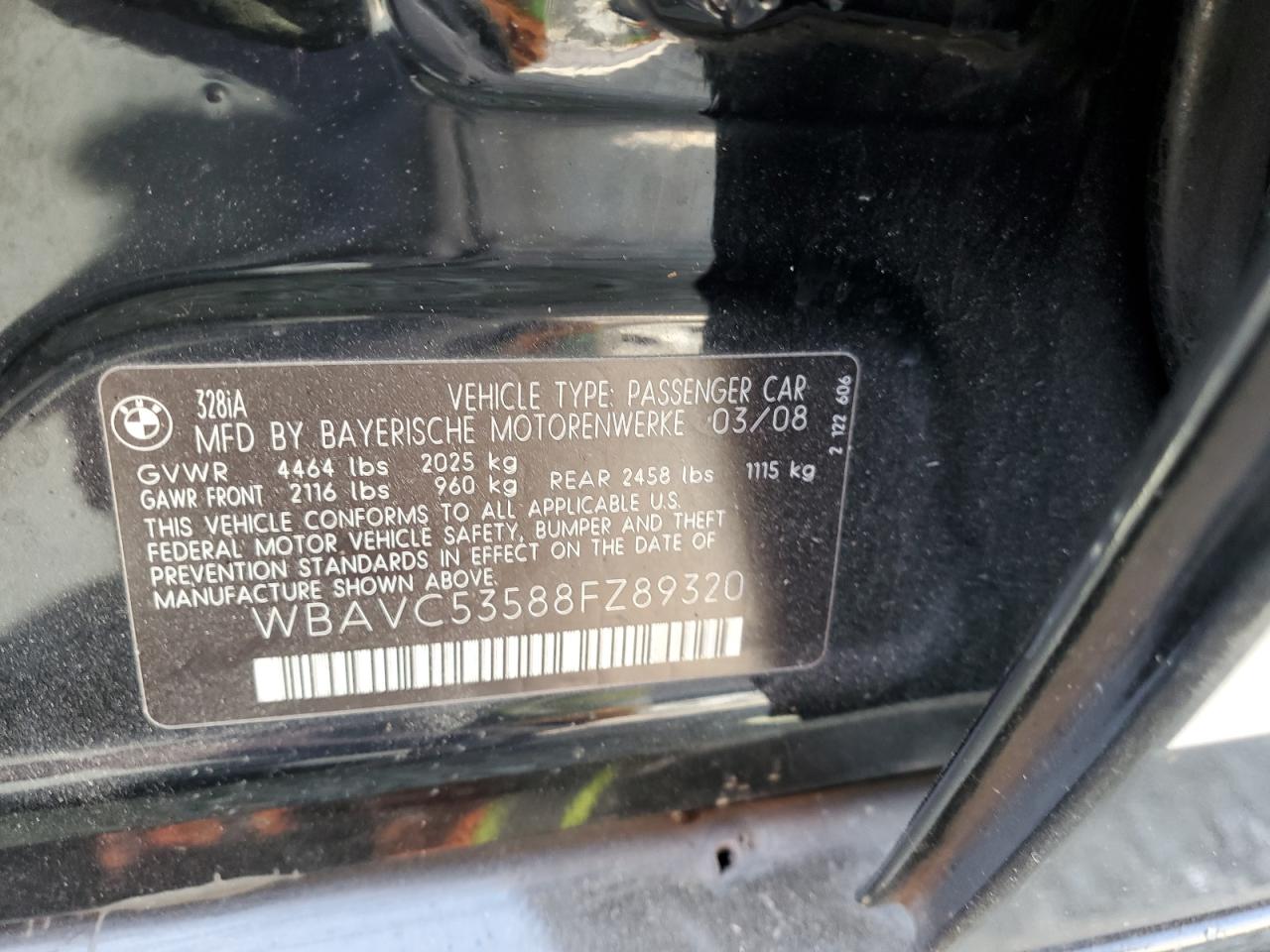 2008 BMW 328 I Sulev VIN: WBAVC53588FZ89320 Lot: 74966634