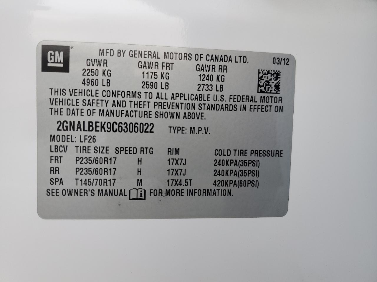 2GNALBEK9C6306022 2012 Chevrolet Equinox Ls