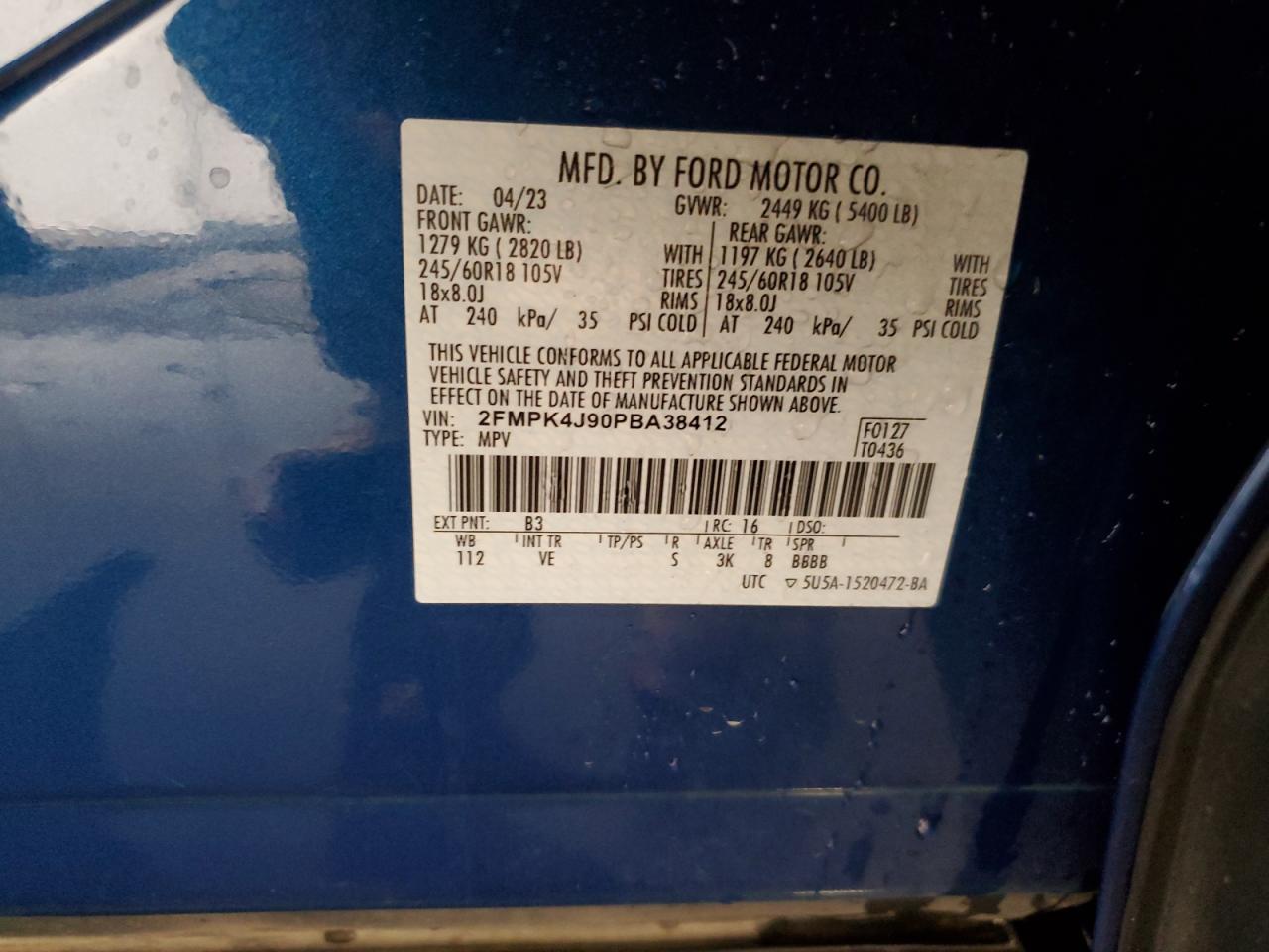 2023 Ford Edge Sel VIN: 2FMPK4J90PBA38412 Lot: 78786534