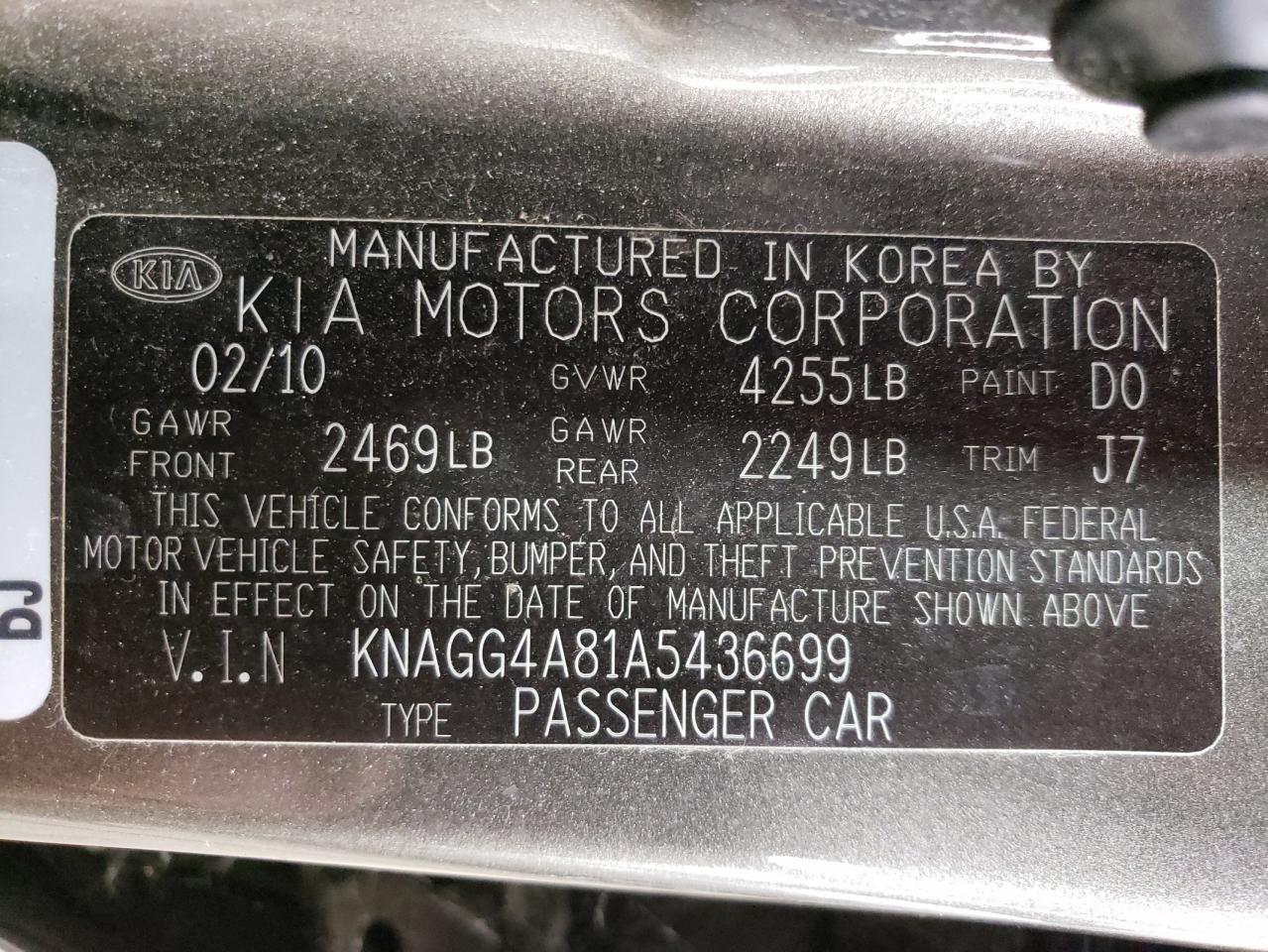 2010 Kia Optima Lx VIN: KNAGG4A81A5436699 Lot: 78697974