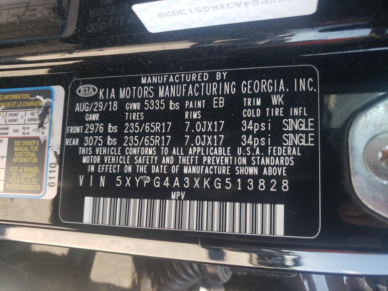 5XYPG4A3XKG513828 2019 Kia Sorento L