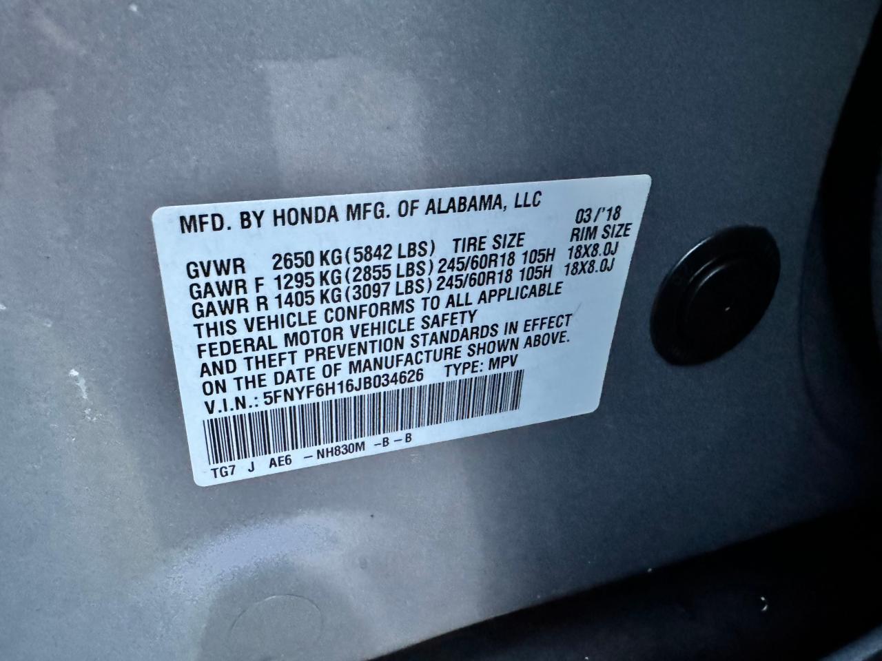 5FNYF6H16JB034626 2018 Honda Pilot Lx