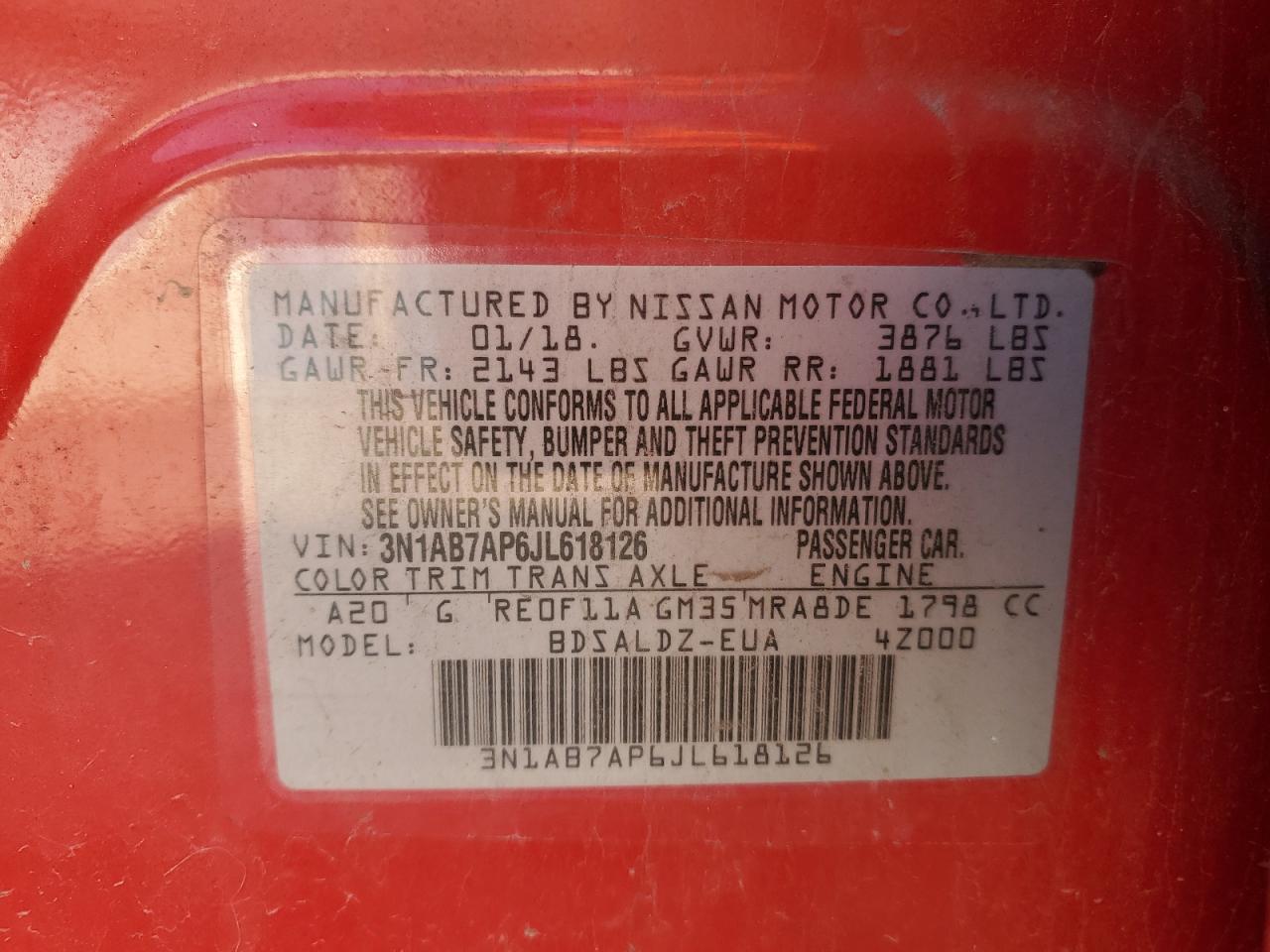 2018 Nissan Sentra S VIN: 3N1AB7AP6JL618126 Lot: 77445164