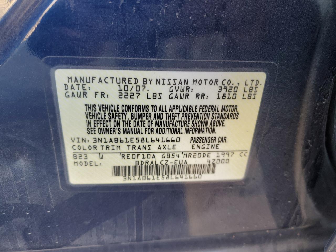 2008 Nissan Sentra 2.0 VIN: 3N1AB61E58L641660 Lot: 74976244