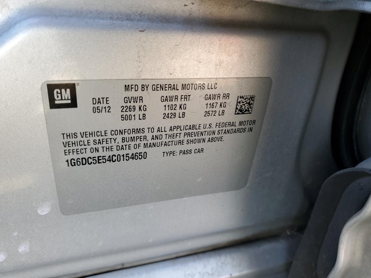 2012 Cadillac Cts VIN: 1G6DC5E54C0154650 Lot: 89116465