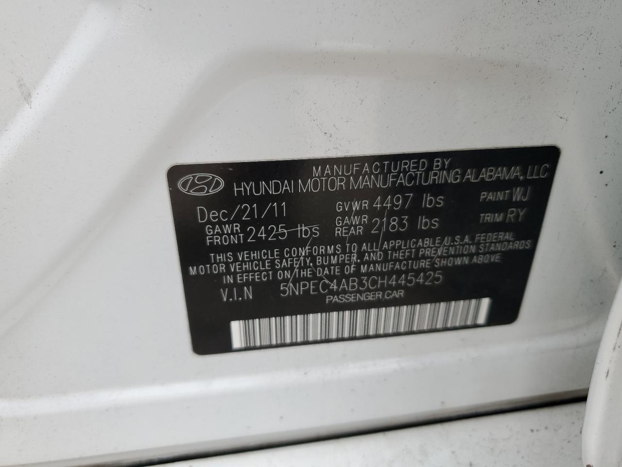 5NPEC4AB3CH445425 2012 Hyundai Sonata Se