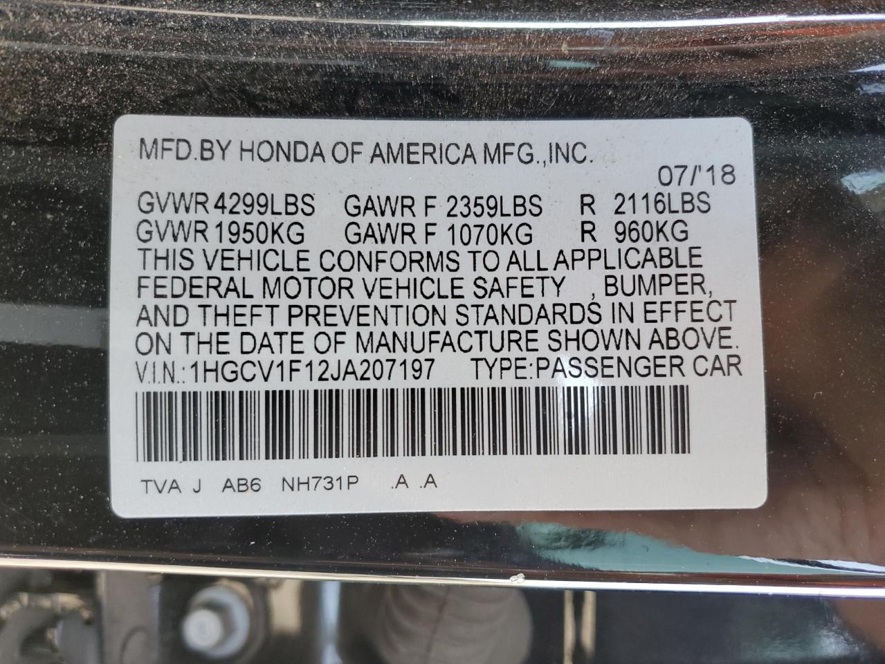 1HGCV1F12JA207197 2018 Honda Accord Lx