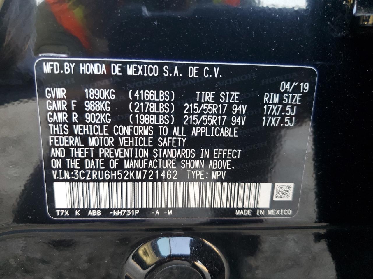 VIN 3CZRU6H52KM721462 2019 HONDA HR-V no.13