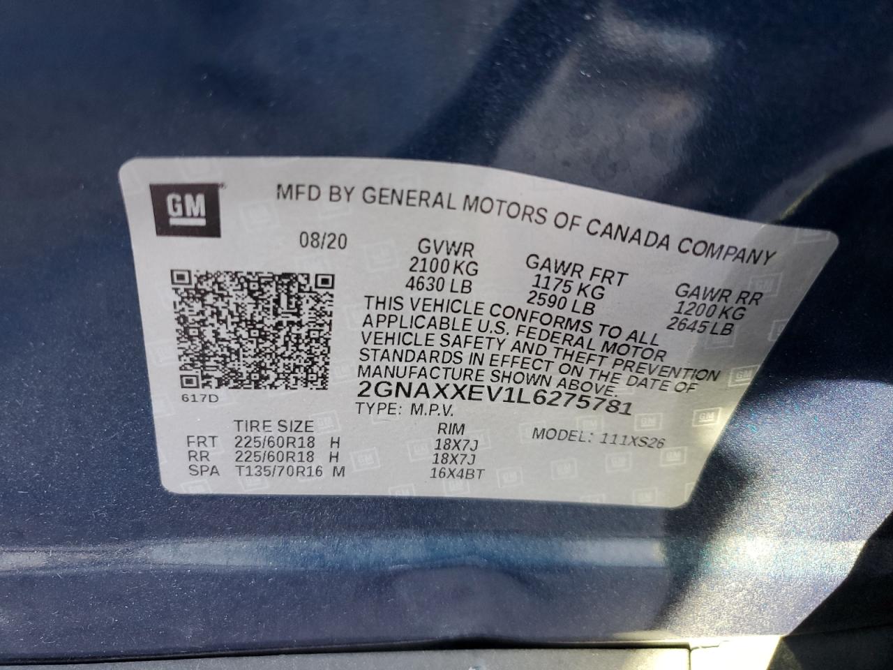 2GNAXXEV1L6275781 2020 Chevrolet Equinox Premier