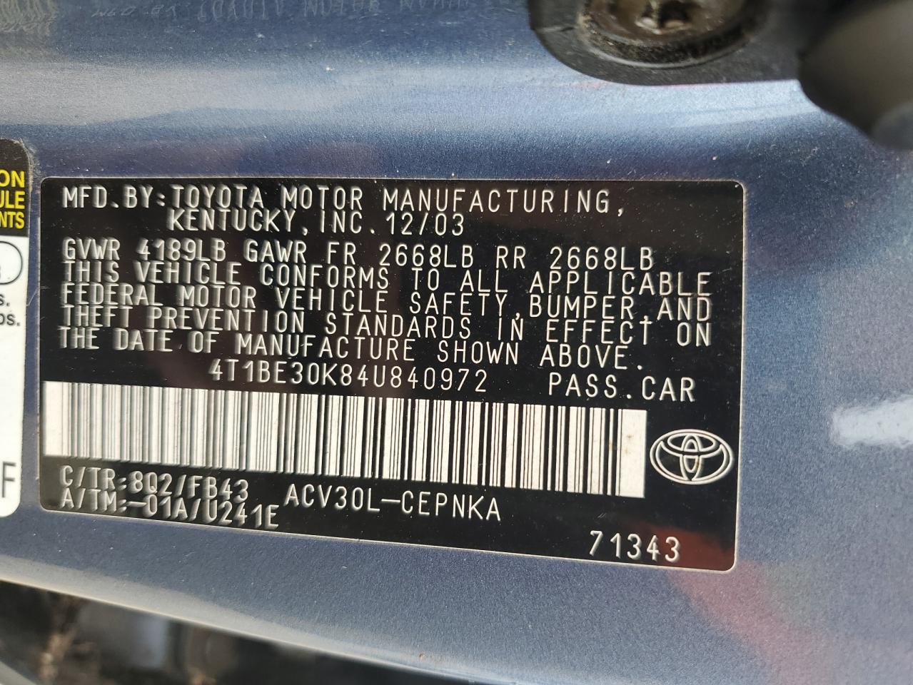 4T1BE30K84U840972 2004 Toyota Camry Le