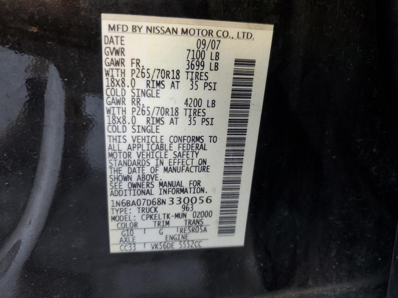 2008 Nissan Titan Xe VIN: 1N6BA07D68N330056 Lot: 73344724