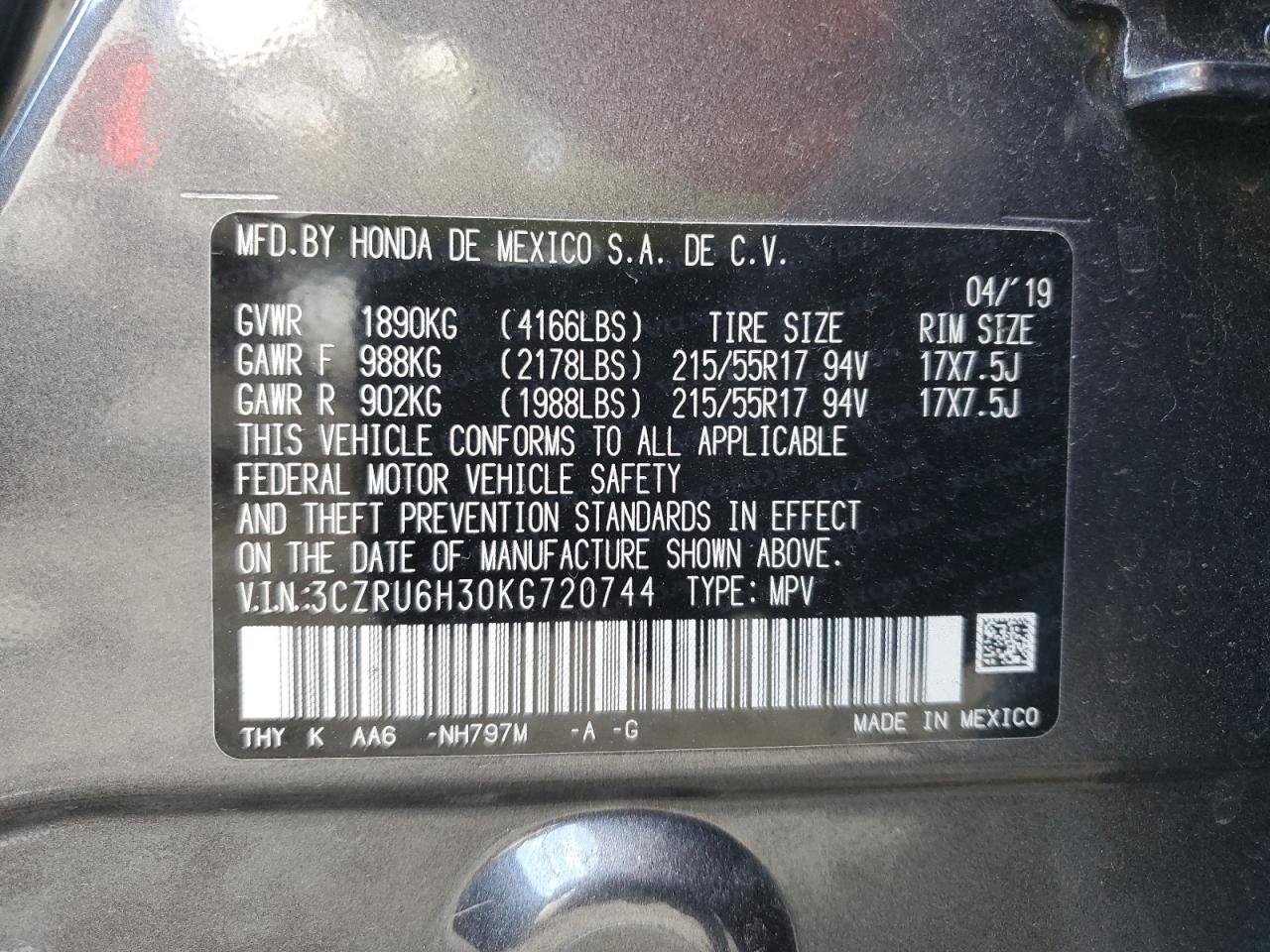 3CZRU6H30KG720744 2019 Honda Hr-V Lx