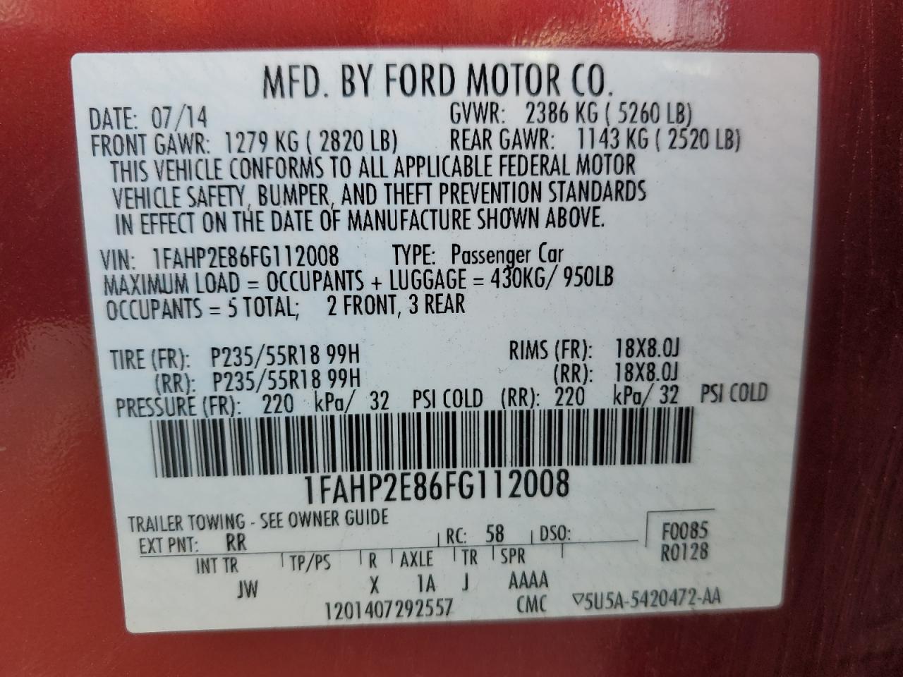 2015 Ford Taurus Sel VIN: 1FAHP2E86FG112008 Lot: 76361434