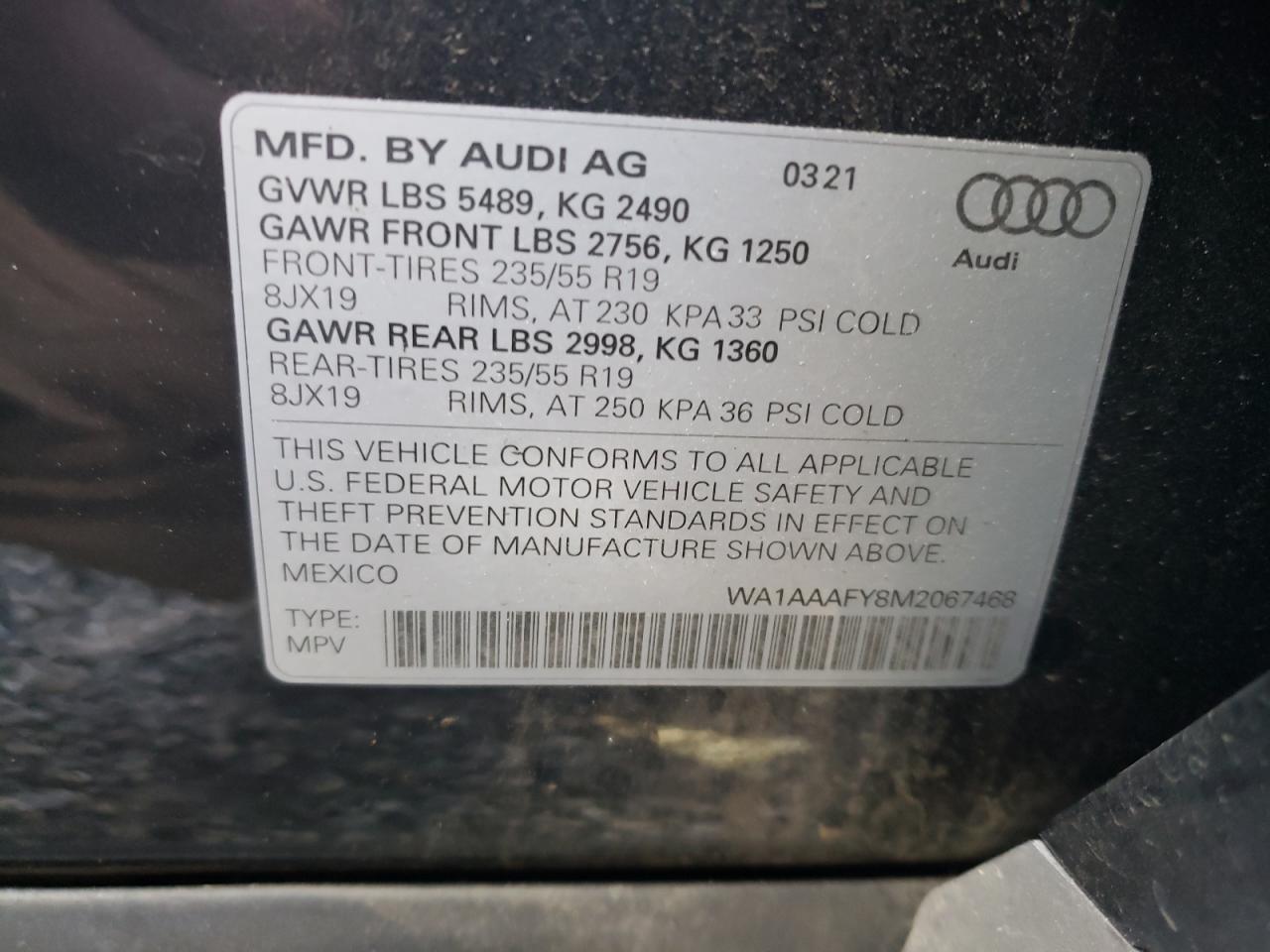 2021 Audi Q5 Premium VIN: WA1AAAFY8M2067468 Lot: 77480554