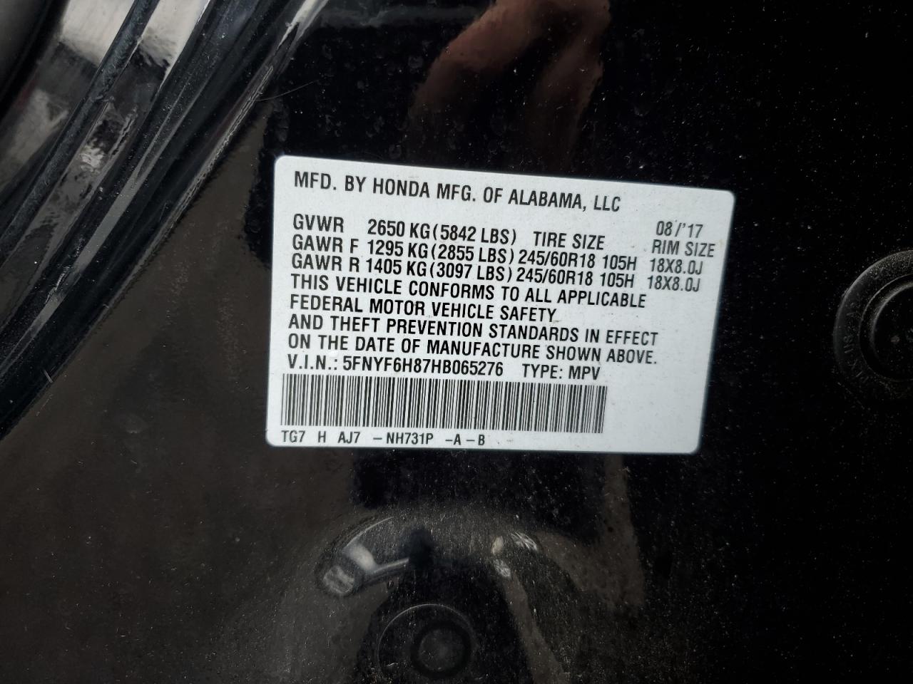 5FNYF6H87HB065276 2017 Honda Pilot Exl