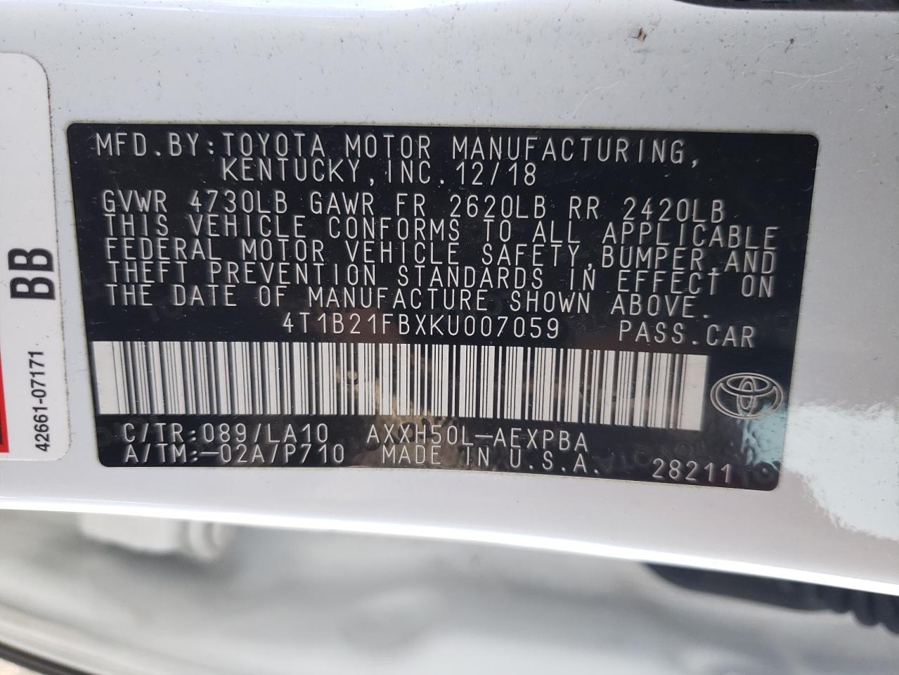 4T1B21FBXKU007059 2019 Toyota Avalon Xle