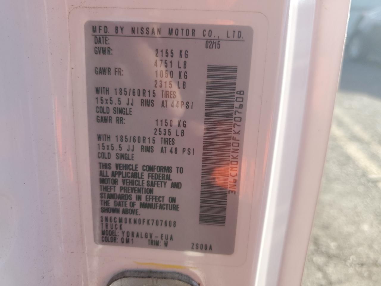 2015 Nissan Nv200 2.5S VIN: 3N6CM0KN0FK707608 Lot: 74877344