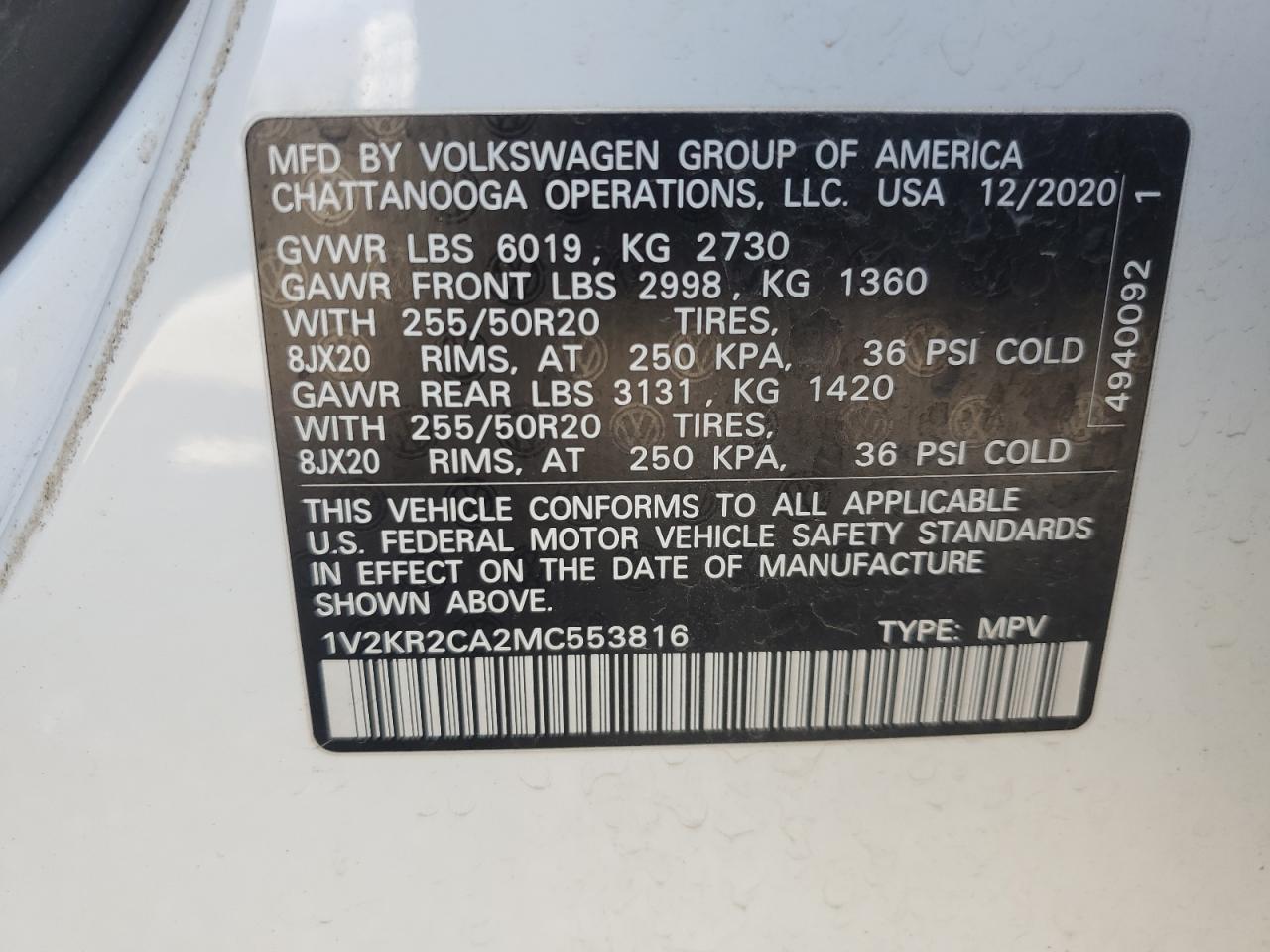 1V2KR2CA2MC553816 2021 Volkswagen Atlas Se