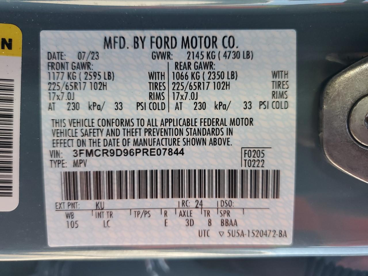 2023 Ford Bronco Sport Badlands VIN: 3FMCR9D96PRE07844 Lot: 77679884