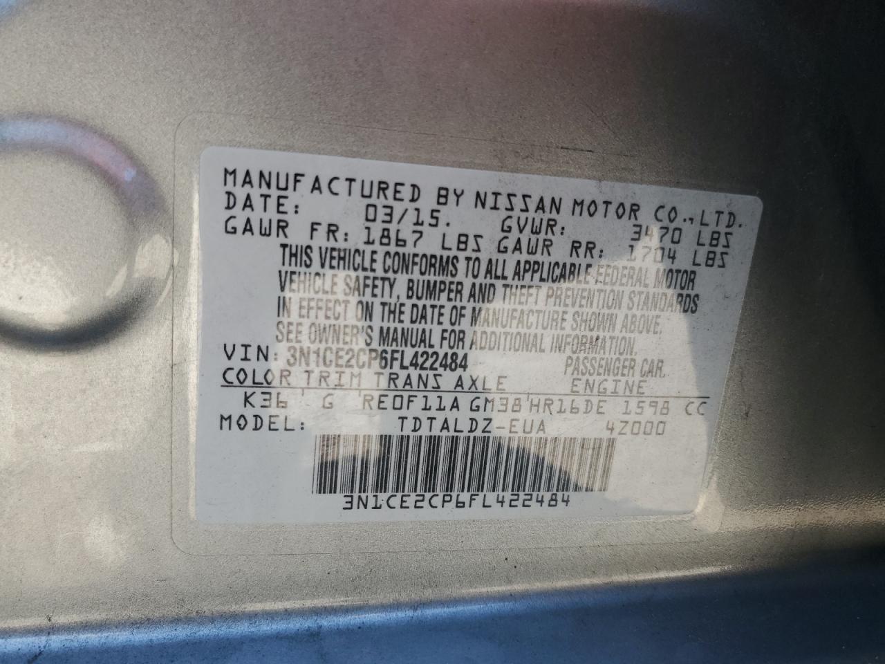 3N1CE2CP6FL422484 2015 Nissan Versa Note S