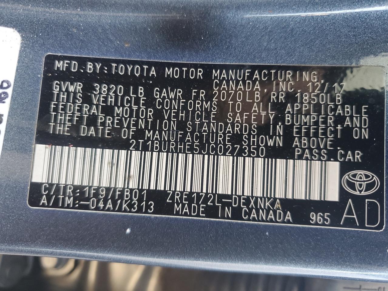 2T1BURHE5JC027350 2018 Toyota Corolla L