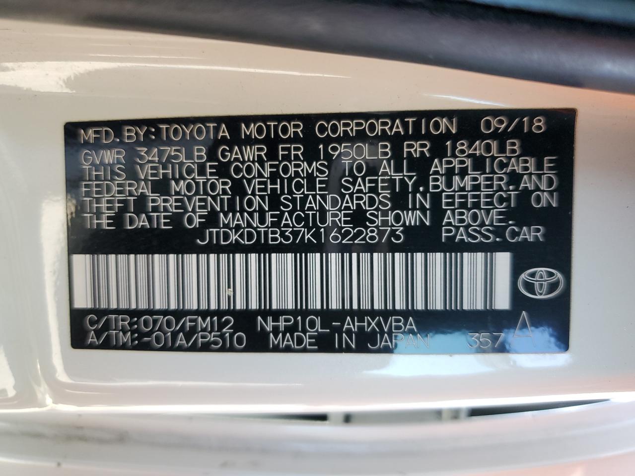2019 Toyota Prius C VIN: JTDKDTB37K1622873 Lot: 77824394