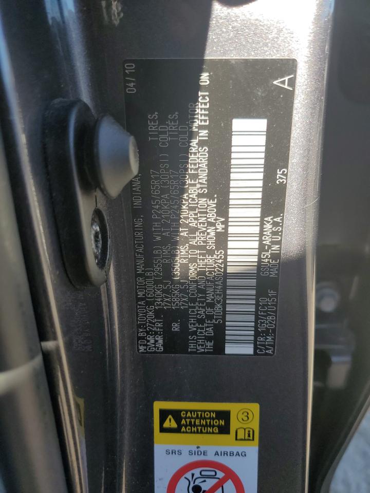 2010 Toyota Highlander VIN: 5TDBK3EH4AS022455 Lot: 75167214